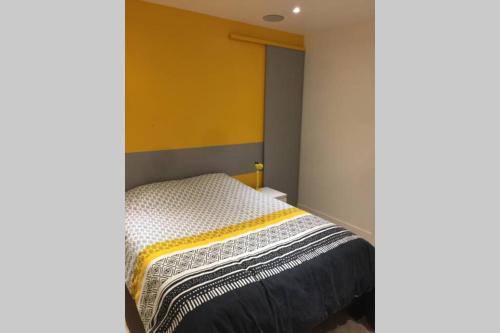 Dormitorio pequeño con cama con pared amarilla en NID D AMOUR F1 40m2 calme RDC possibilité jacuzzi hammam, en Chamalières