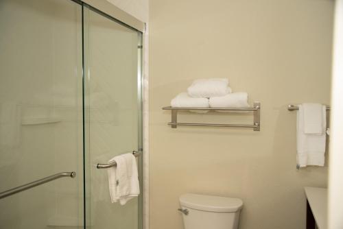 a bathroom with a shower and a toilet and towels at Holiday Inn & Suites - Fayetteville W-Fort Bragg Area, an IHG Hotel in Fayetteville