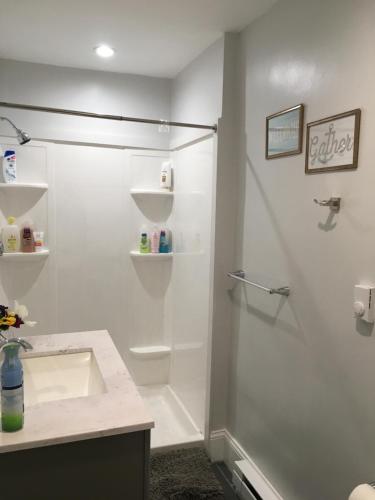 a white bathroom with a shower and a sink at Clean Comfy Centrally Located Private Room in Boston