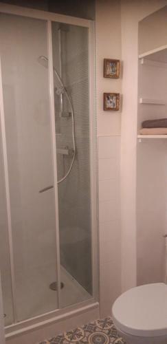 y baño con ducha y puerta de cristal. en Appartement centre historique Beziers, en Béziers