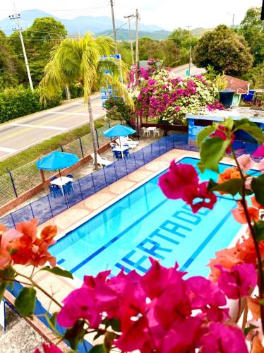 a swimming pool with blue umbrellas and pink flowers at Glamping Girardot & Hotel Puerta Del Sol Girardot in La Virginia