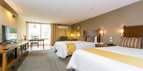 聖米格爾－德阿連德的住宿－Real de Minas San Miguel de Allende，酒店客房配有两张床和一张书桌