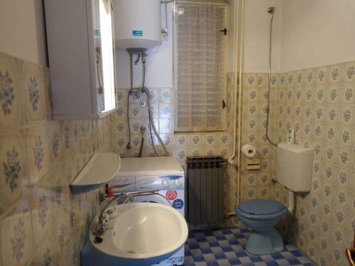 bagno con lavandino e servizi igienici blu di Apartment in Omisalj - Insel Krk 39736 a Omišalj (Castelmuschio)