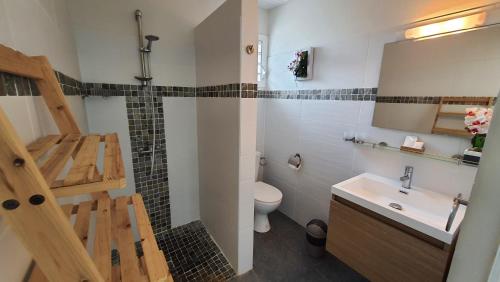 La salle de bains est pourvue de toilettes et d'un lavabo. dans l'établissement Les Terrasses du Cap, au Marin
