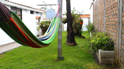 a hammock in a yard next to a house at Hotel El Jerarca in Filandia