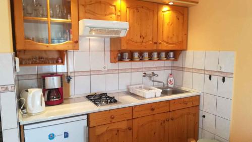 ザラカロシュにあるApartment in Zalakaros/Thermalbad 20663の小さなキッチン(木製キャビネット、シンク付)