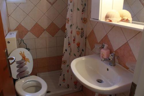 a bathroom with a sink and a toilet and a shower curtain at Villa Aphrodite in Rizá
