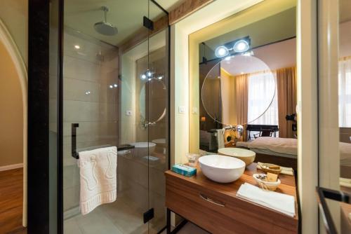 a bathroom with a sink and a shower at Casa Nym in Braşov