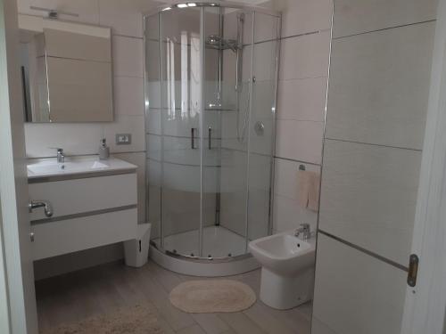 a bathroom with a shower and a sink and a toilet at B&B La Genuina in Guspini