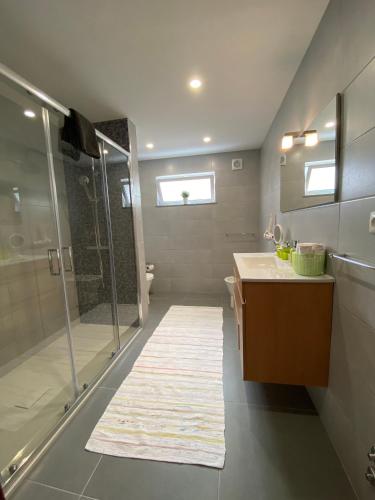 a bathroom with a shower and a sink and a glass shower stall at Cantinho Verde T2 in Geres