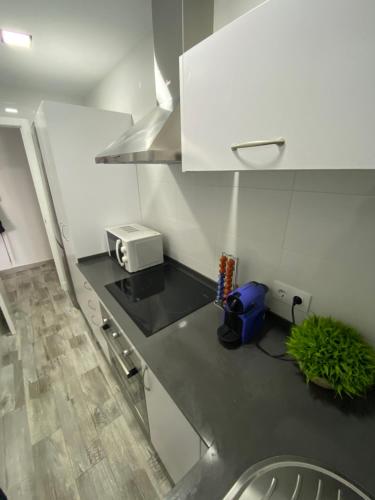 a kitchen with a sink and a microwave at Conil Apartment in Conil de la Frontera