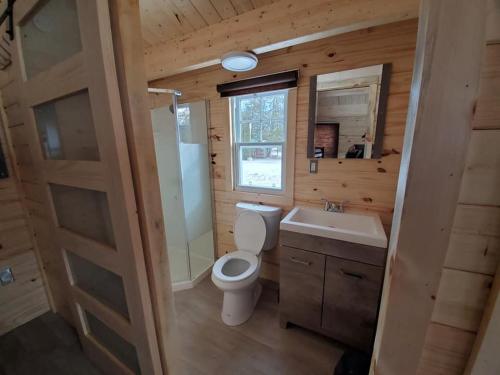 een badkamer met een toilet, een wastafel en een spiegel bij Les chalets de la colline inc in Baie-Sainte-Catherine