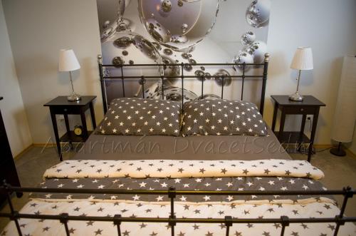 a bedroom with a bed with two lamps on two tables at Apartman DvacetSedm in Lipno nad Vltavou