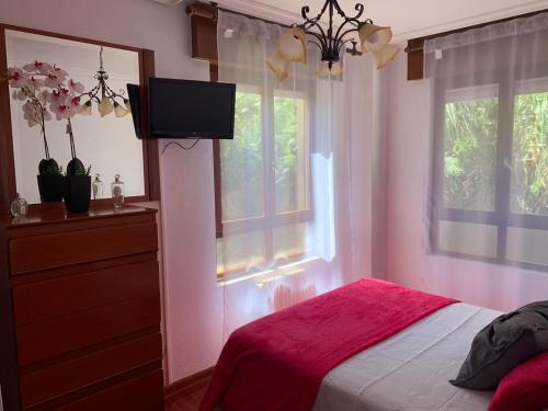 a bedroom with a bed and a tv and windows at Apartamento la Ribera in Suances