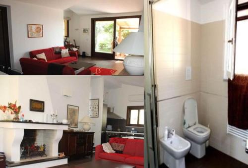 - deux photos d'un salon et d'une salle de bains dans l'établissement Terrazze al Mare (Urlaub an Sardiniens Westküste), à Torre Dei Corsari