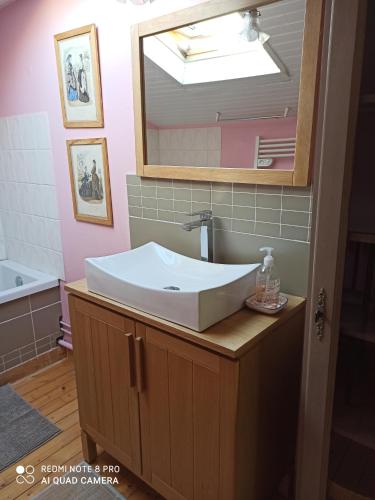 a bathroom with a sink and a mirror at terre et mer in Sainte-Ramée