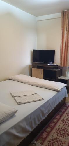 バイア・マーレにあるHostel Horaのベッドルーム1室(ベッド1台、デスク、テレビ付)