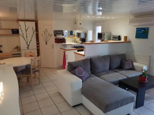 un salon avec un canapé et une cuisine dans l'établissement Escapades en provence, à Saint-Zacharie