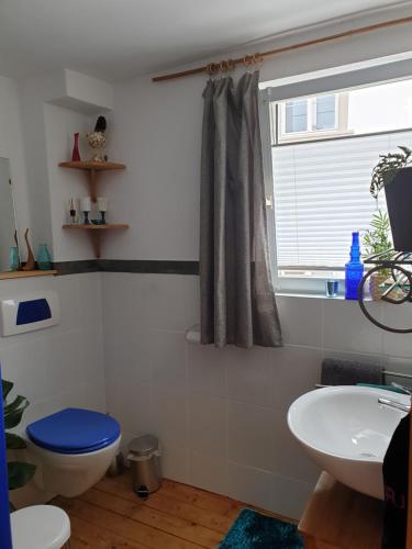 a bathroom with a toilet and a sink and a window at Unser Obervolkacher Ferienhaus-einfach gemütlich! in Volkach