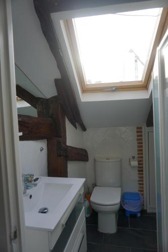 a bathroom with a white toilet and a skylight at ATICO TORRONTERO in Mundaka
