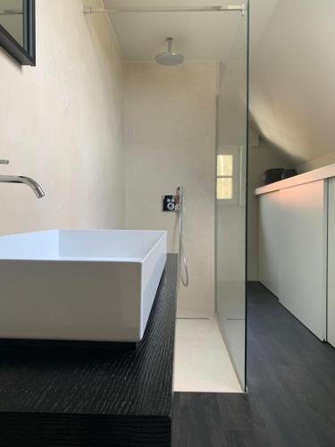 une salle de bain avec un lavabo blanc et une douche dans l'établissement No Tempo, à Knesselare