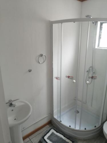 a bathroom with a shower and a sink at Cabañas Simón y kiara in Los Vilos