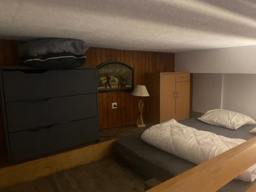 1 dormitorio con 1 cama grande y vestidor en Studio Belle Hutte 2, en La Bresse