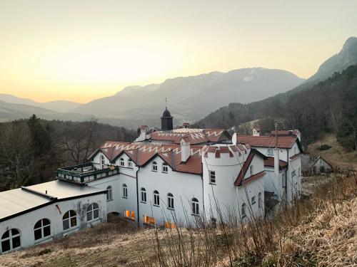 ein großes weißes Haus auf einem Hügel mit Bergen im Hintergrund in der Unterkunft Waldschlössl Schneedörfl in Reichenau