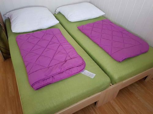 two beds with purple and green sheets and pillows at Holiday home in Hluboka nad Vltavou 26850 in Hluboká nad Vltavou