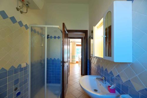 uma casa de banho azul com um lavatório e um chuveiro em Holiday Homes in Badesi 27283 em Badesi