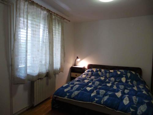 sypialnia z łóżkiem z niebieską kołdrą i oknem w obiekcie Apartments in Icici 15136 w mieście Ičići