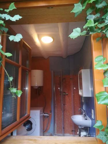 a bathroom with a sink and a shower and a mirror at Holiday home in Trebbin 2611 in Trebbin