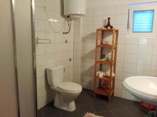 La salle de bains est pourvue de toilettes et d'un lavabo. dans l'établissement Apartments in Razanac 35305, à Miočić