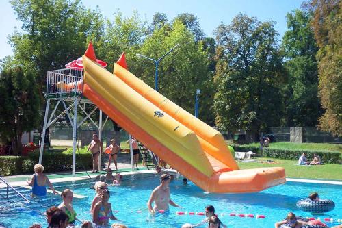 a group of people playing in a swimming pool at Holiday home in Leanyfalu/Donauknie 35231 in Leányfalu