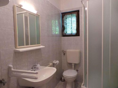 La salle de bains est pourvue d'un lavabo, de toilettes et d'un miroir. dans l'établissement Apartment in Njivice/Insel Krk 34619, à Njivice