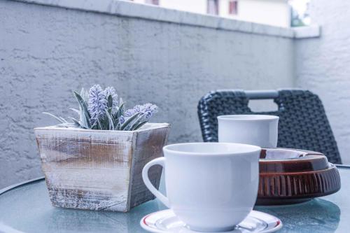 einen Tisch mit zwei Kaffeetassen und einer Topfpflanze in der Unterkunft Apartments in Vantacici - Insel Krk 13154 in Vantačići