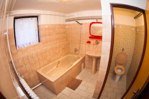uma casa de banho com uma banheira, um lavatório e um WC. em Holiday home Benecko/Riesengebirge 2230 em Benecko