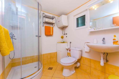 La salle de bains est pourvue de toilettes, d'un lavabo et d'une douche. dans l'établissement Holiday home Stari Grad/Insel Hvar 6341, à Stari Grad