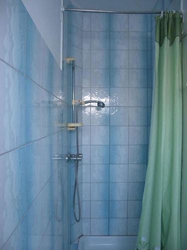 a blue tiled shower with a shower curtain in a bathroom at Apartment in Fonyod - Balaton 33083 in Fonyód