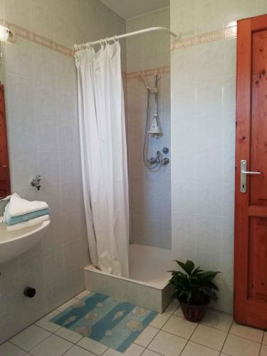 a bathroom with a shower with a shower curtain at Apartment in Zalakaros/Thermalbad 33089 in Zalakaros