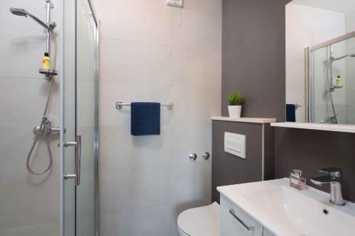 a bathroom with a shower and a toilet and a sink at Apartment Rabac 11 in Rabac