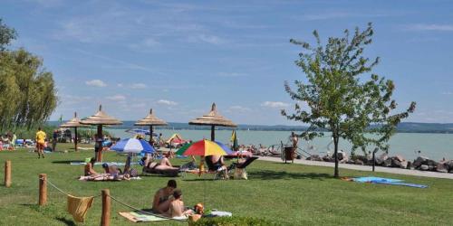 a group of people laying on the grass at a beach at Holiday home in Revfülöp/Balaton 19622 in Révfülöp