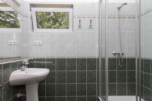 y baño con lavabo y ducha. en Holiday home in Balatonmariafürdo 19513, en Balatonkeresztúr