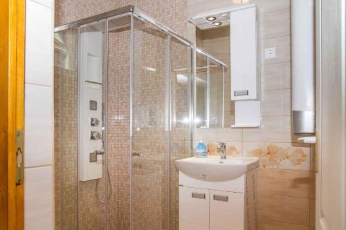 een badkamer met een douche en een wastafel bij Holiday home Balatonkeresztur 13 in Balatonkeresztúr
