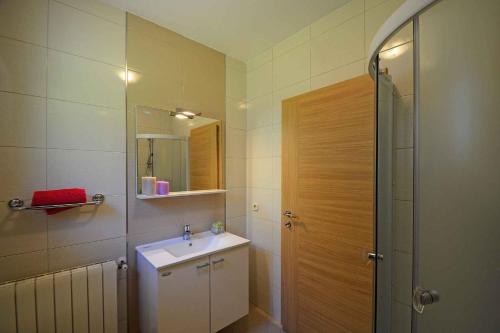 a bathroom with a sink and a mirror and a shower at Apartment Rabac 28 in Rabac