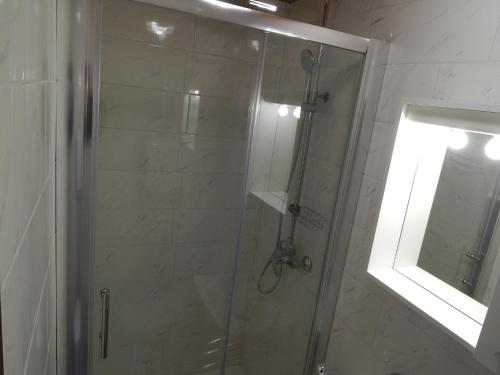 La salle de bains est pourvue d'une douche avec une porte en verre. dans l'établissement Apartment Senj 1, à Senj