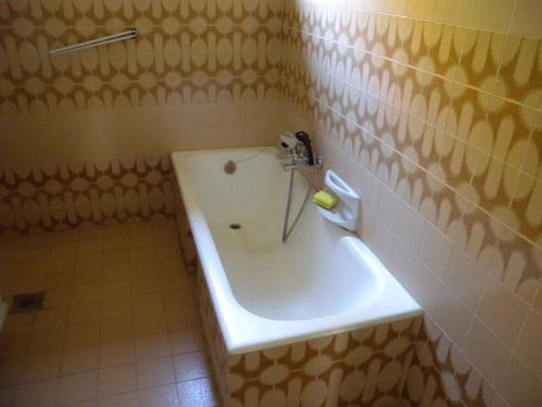 ザーンカにあるHoliday home in Zanka/Balaton 19618のタイル張りの客室で、バスルーム(バスタブ付)が備わります。