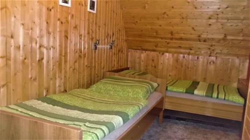 two beds in a room with wooden walls at Holiday home in Svahova/Erzgebirge 1694 in Svahová