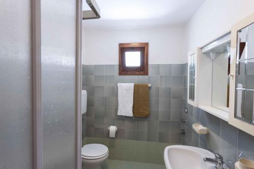 uma casa de banho com um WC, um lavatório e um espelho. em Apartment Tremosine 1 em Tremosine Sul Garda