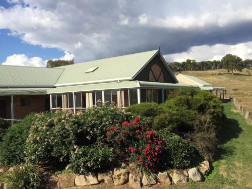 a house with a green roof and some bushes at Tarcutta Retreat in Tarcutta